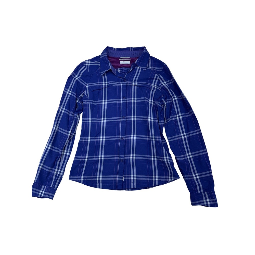 Columbia Womens Blue Plaid Long Sleeve Button Up Omni Shade Shirt M